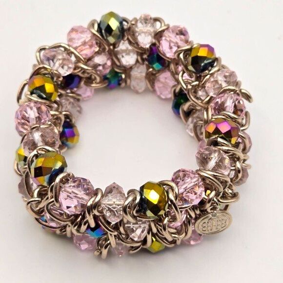 Dana Buchman Goldtone and Pink Glass Beaded Stretch Bracelet AB Accent Beads - Picture 2 of 5